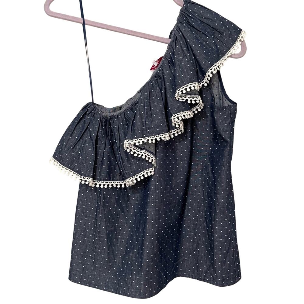Parker Polka Dot Chambray One Shoulder Ruffled Blouse Womens XS Swiss Dot Blue